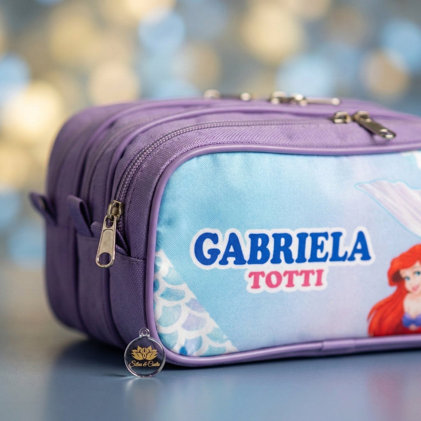 Estojo escolar personalizado com nome | infantil tema sereia, 3 divisórias