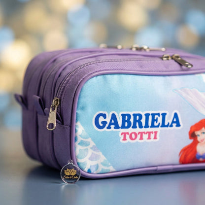 Estojo escolar personalizado com nome | infantil tema sereia, 3 divisórias