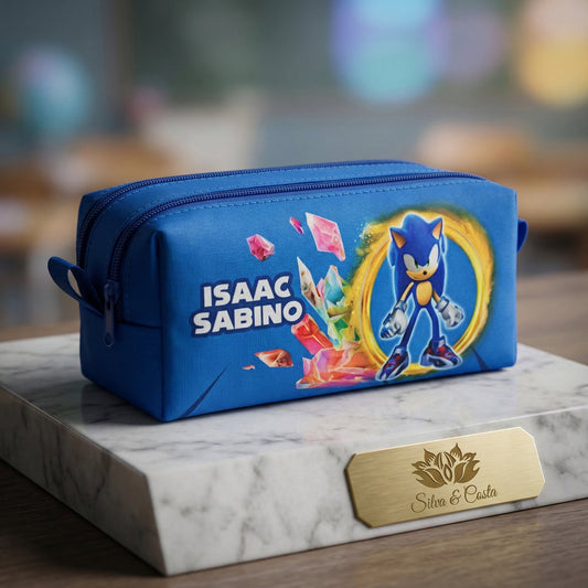 Estojo escolar personalizado 3 divisórias com Nome | Tema Sonic Infantil