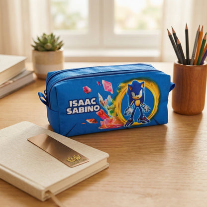 Estojo escolar personalizado 3 divisórias com Nome | Tema Sonic Infantil