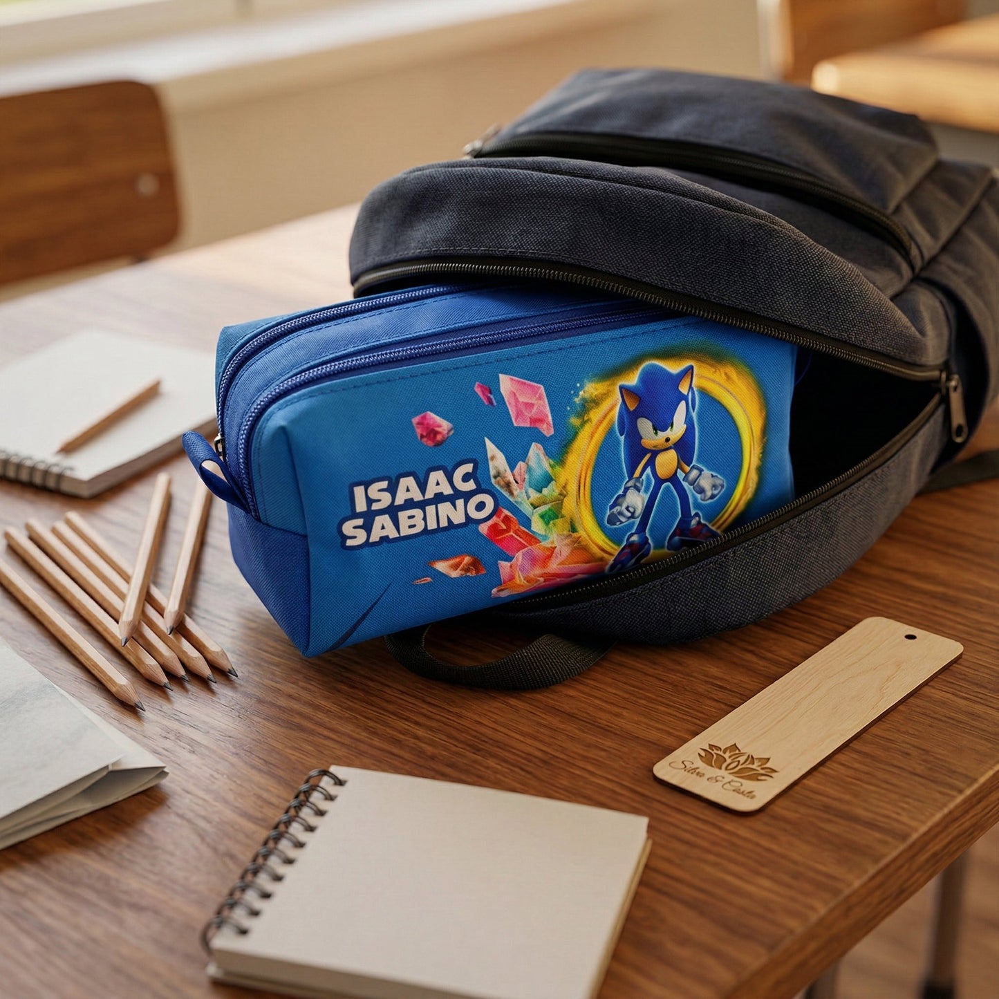 Estojo escolar personalizado 3 divisórias com Nome | Tema Sonic Infantil