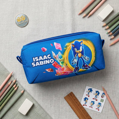 Estojo escolar personalizado 3 divisórias com Nome | Tema Sonic Infantil