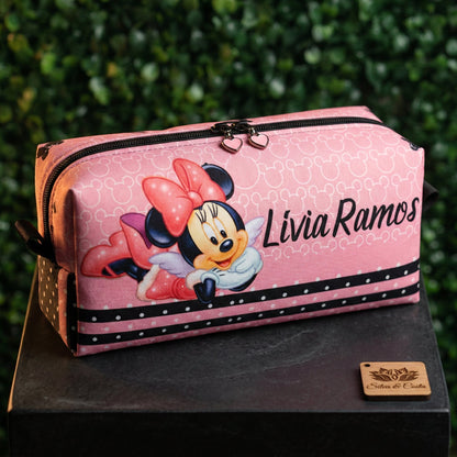 Estojo personalizado com nome 3 divisórias Minnie rosa | Infantil