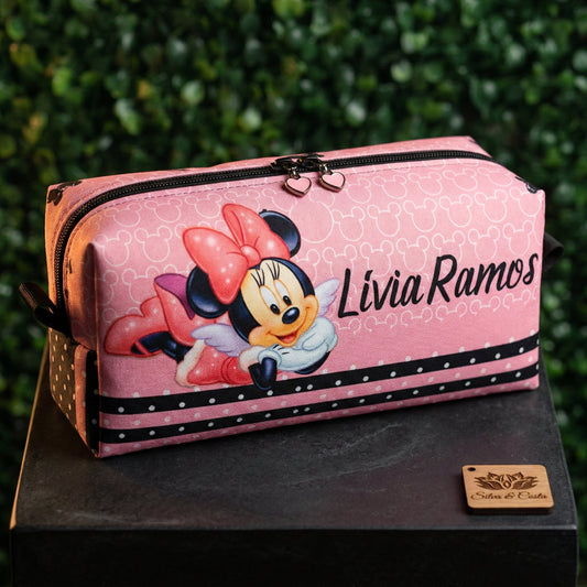 Estojo personalizado com nome 3 divisórias Minnie rosa | Infantil