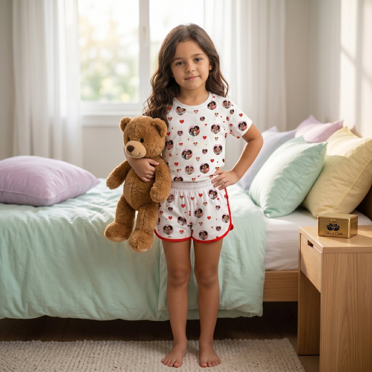 Pijama Infantil Feminino com Foto | Personalizado Corações