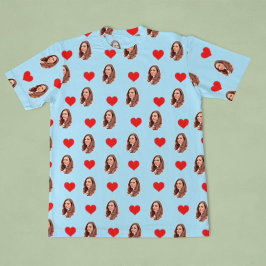 Camiseta Azul Personalizada Com Fotos e Corações Presente Casal