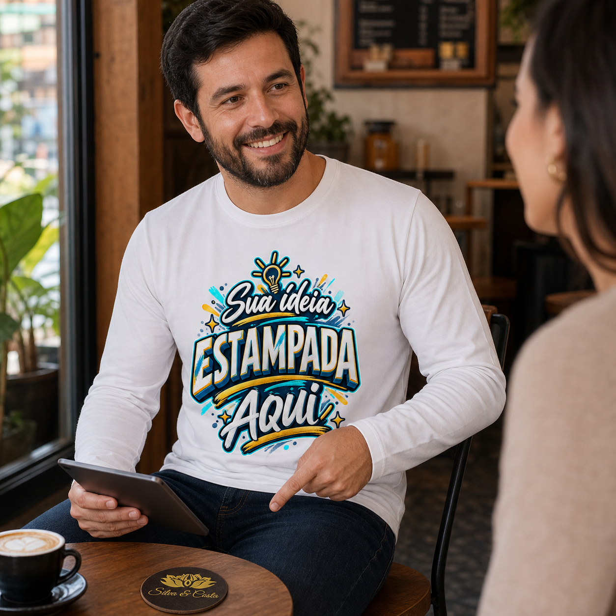 Camiseta Manga Longa Branca Personalizada 100% Algodão - imagem lifestyle 3