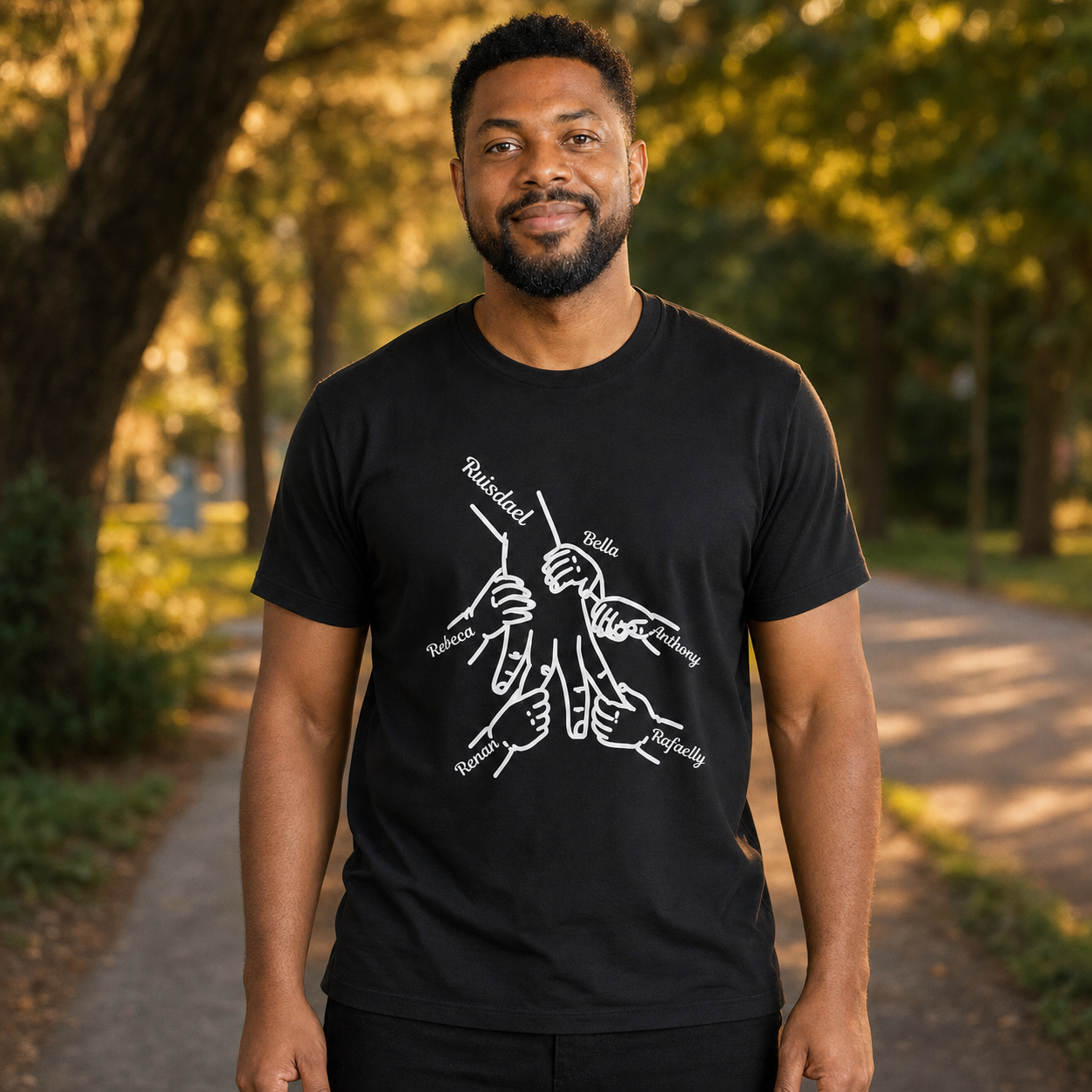 Camiseta Preta Personalizada com Nomes e Maos da Familia - imagem lifestyle 3