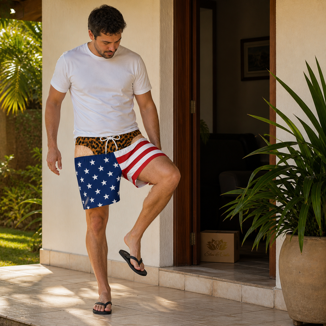 Shorts Engraçado Masculino DryFit Ilusão de Tanga de Oncinha - imagem lifestyle 5