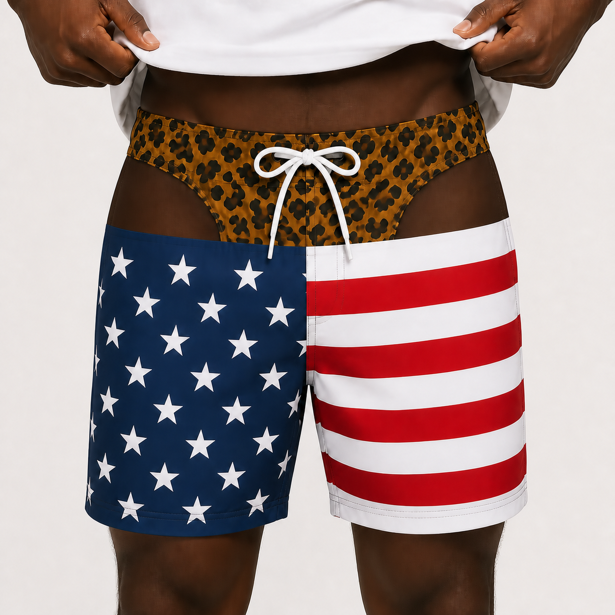 Shorts Engraçado Masculino DryFit Ilusão de Tanga de Oncinha - opção Pele Negra