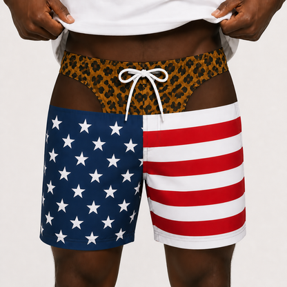 Shorts Engraçado Masculino DryFit Ilusão de Tanga de Oncinha - opção Pele Negra