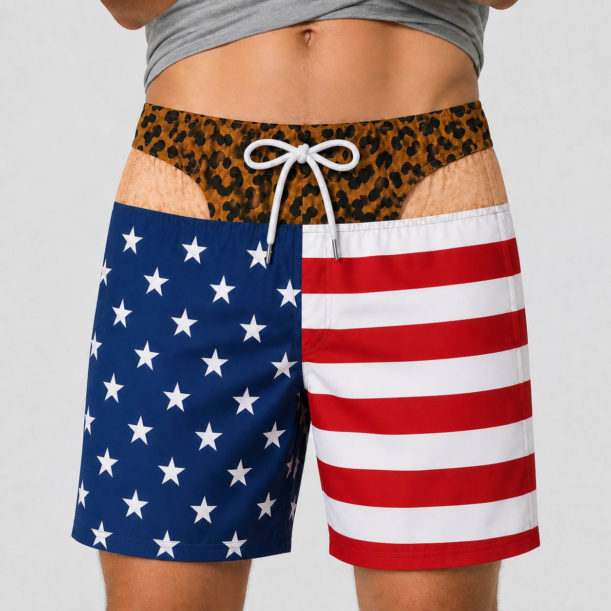 Shorts Engraçado Masculino DryFit Ilusão de Tanga de Oncinha - opção Pele Clara