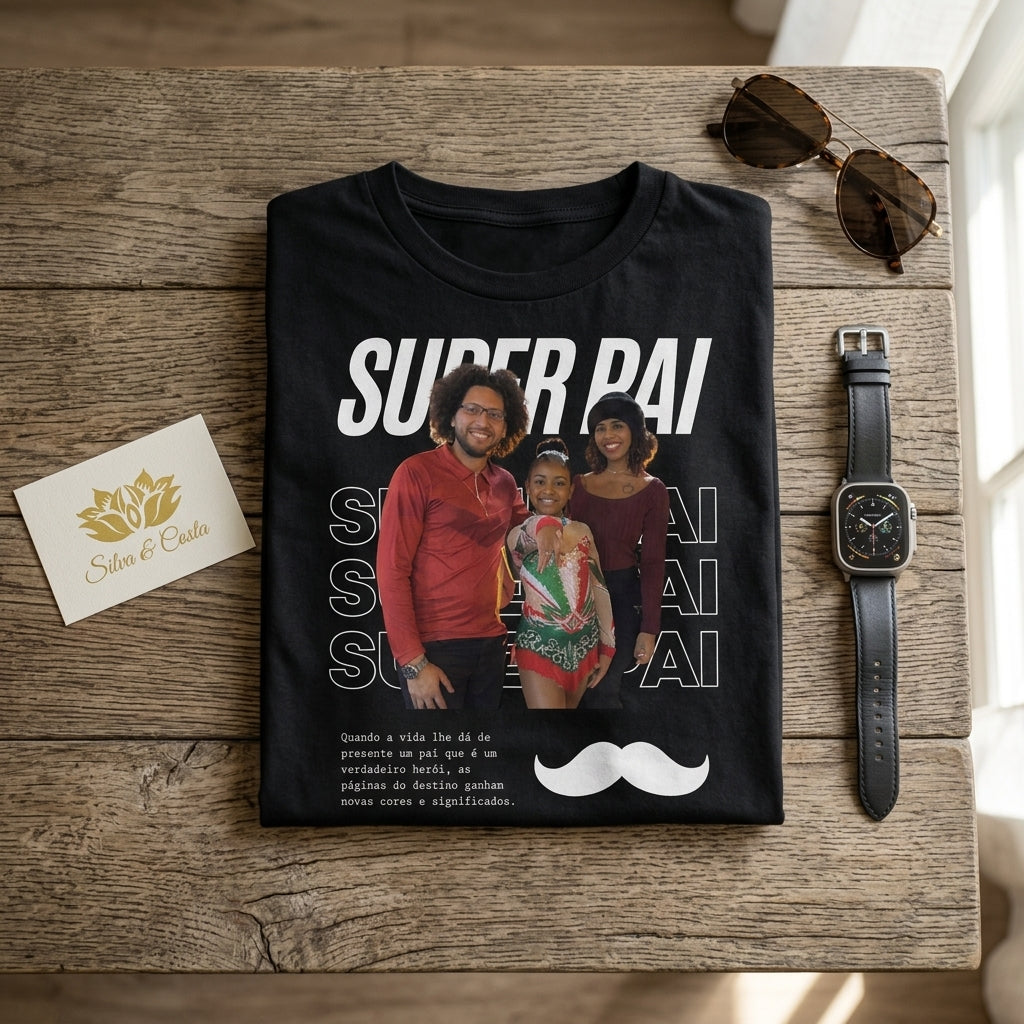 Camiseta Preta Personalizada Super Pai com Foto - imagem lifestyle 3