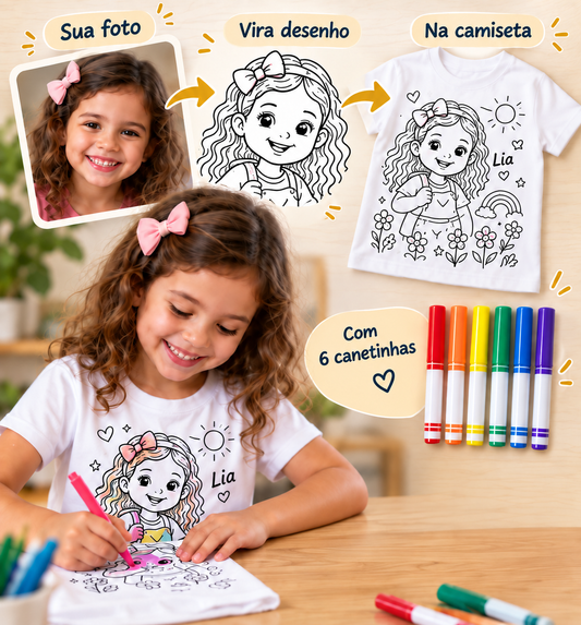 Camiseta infantil personalizada para colorir com seis canetinhas - imagem ilustrativa