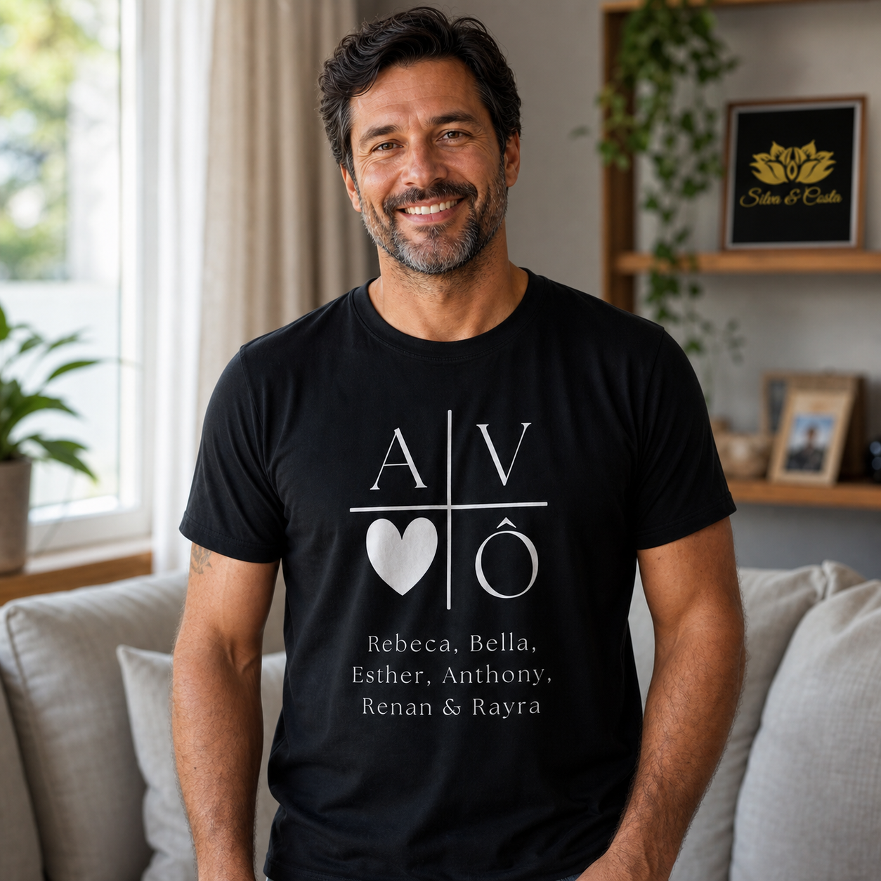 Camiseta Preta Personalizada para Avô com Nomes e Coração - imagem principal