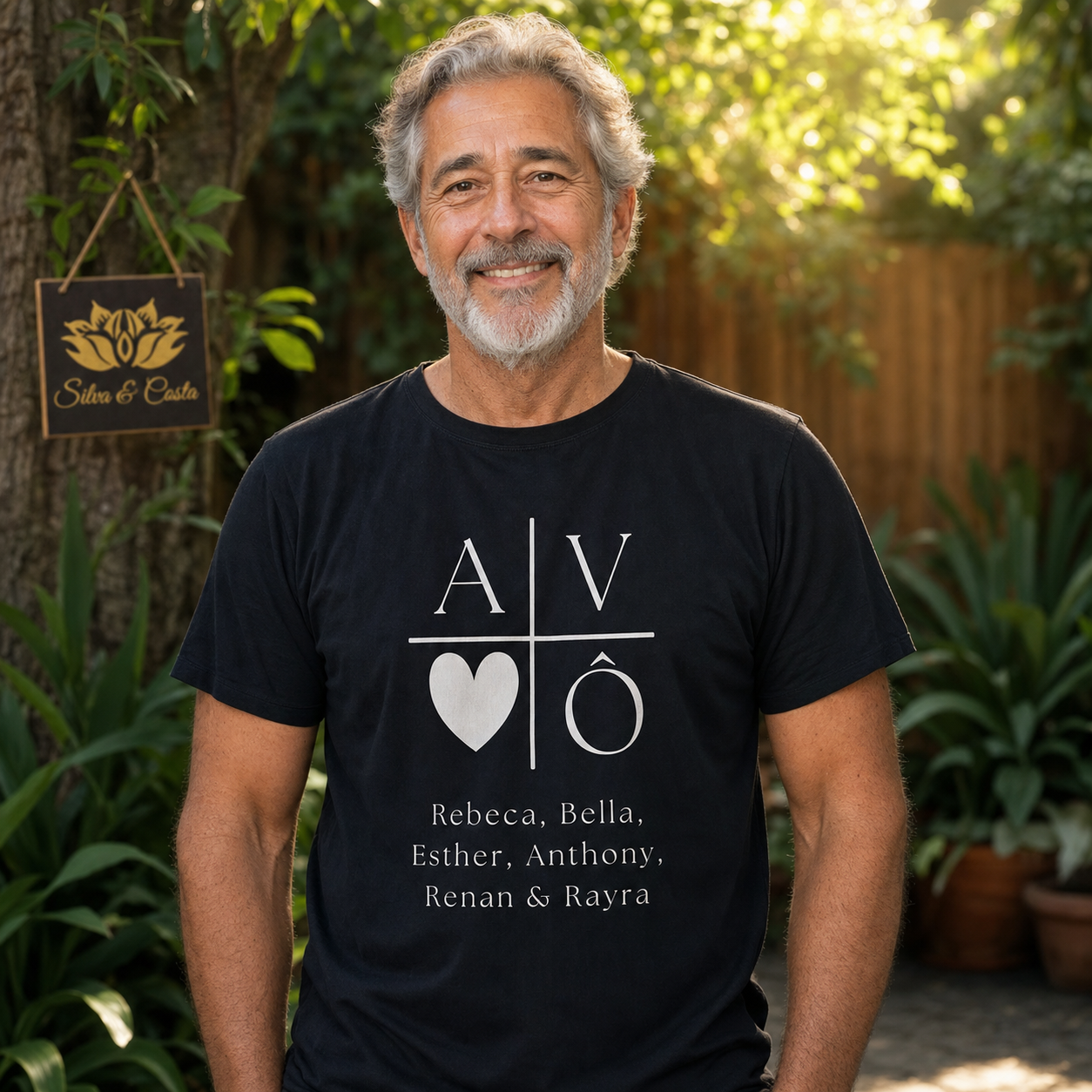 Camiseta Preta Personalizada para Avô com Nomes e Coração - imagem lifestyle 4