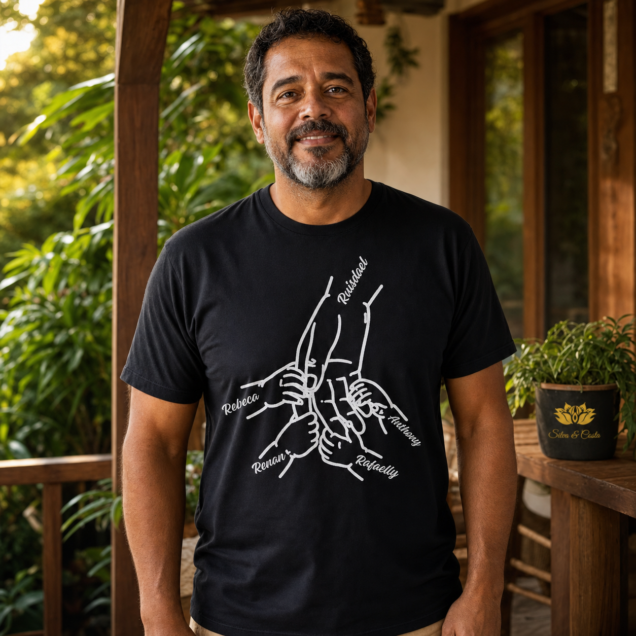 Camiseta Preta Mãos da Família com Nomes — Dia dos Pais - imagem lifestyle 2