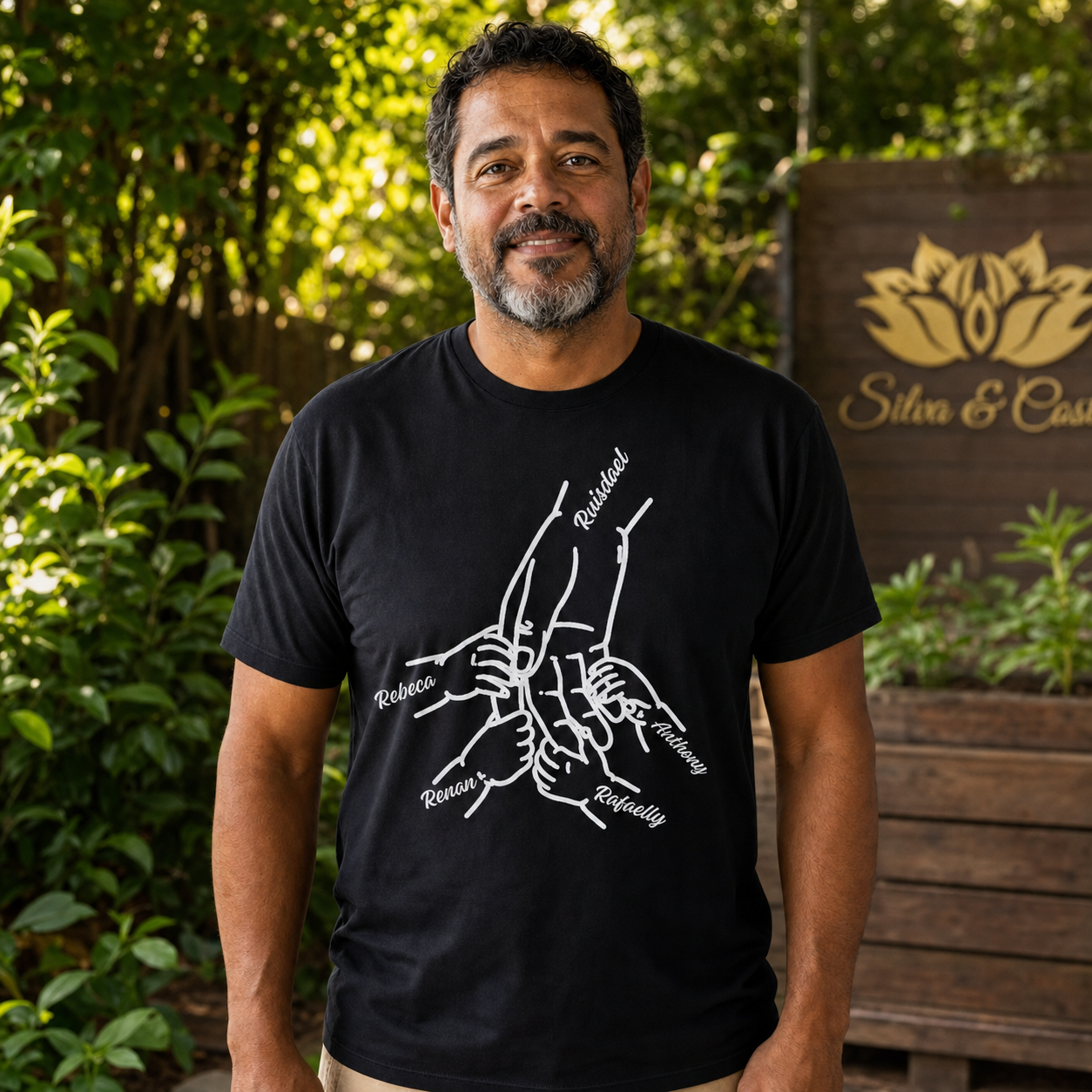 Camiseta Preta Mãos da Família com Nomes — Dia dos Pais - imagem lifestyle 4