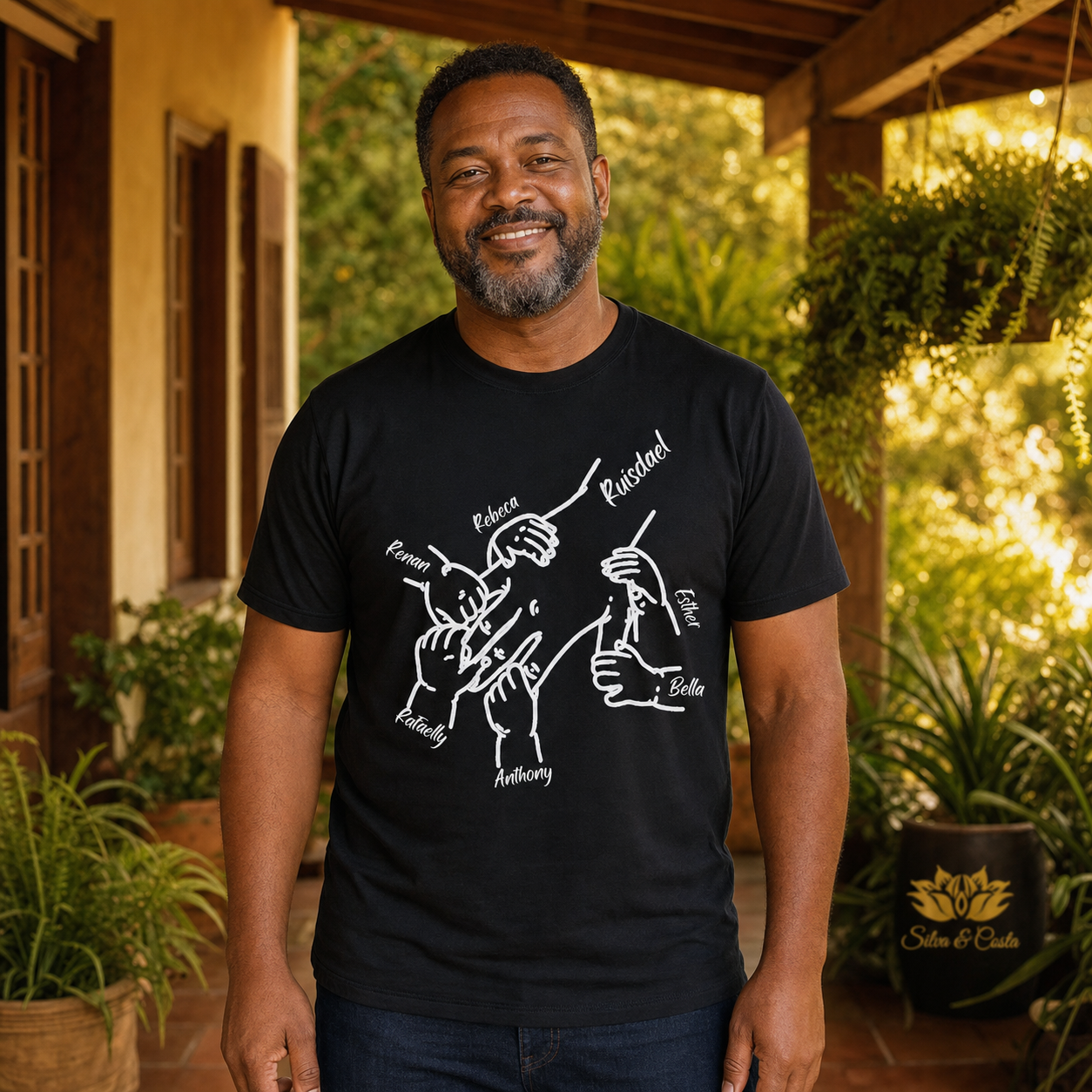 Camiseta Preta Personalizada com Nomes e Maos Conectadas - imagem lifestyle 2