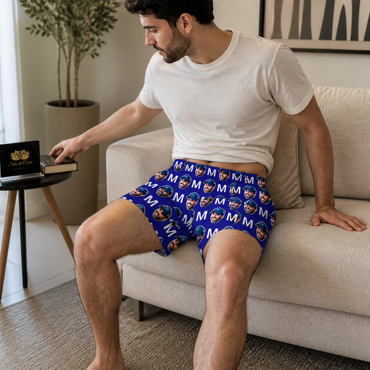 Samba Canção Personalizada Azul com Foto e Inicial - imagem lifestyle 3