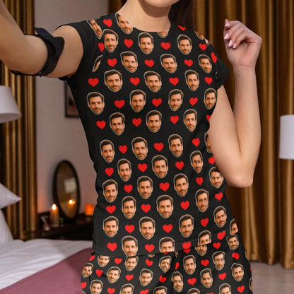 Pijama Feminino Personalizado Preto com Fotos - Presente Namorada Esposa - Tecnologia Visualização 3D