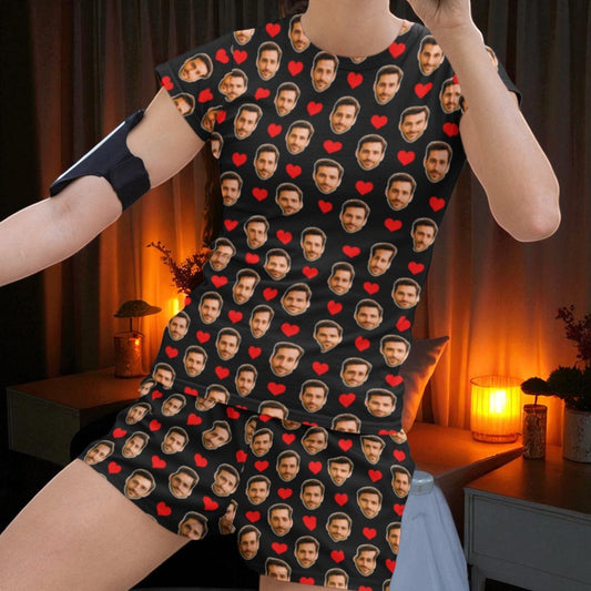 Pijama Feminino Personalizado Preto com Fotos - Presente Namorada Esposa - Tecnologia Visualização 3D